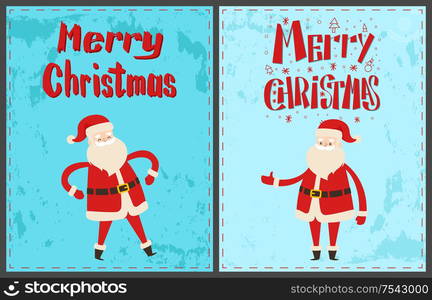 Winter holidays greeting card with Santa Claus in red costume dancing and wishing Merry Christmas. New Year cartoon character on blue background, vector. Winter Holidays Greeting Card with Santa Claus