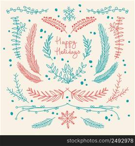 Winter holidays hand drawn floral template with natural tree branches in red and blue colors vector illustration. Winter Holidays Hand Drawn Floral Template