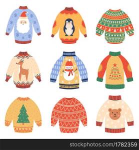 Winter holidays jumpers. Cute xmas woollen sweaters, cozy Christmas winter garments vector illustration set. Christmas warm sweaters with Santa Claus, snowman, fir tree and reindeer design. Winter holidays jumpers. Cute xmas woollen sweaters, cozy Christmas winter garments vector illustration set. Christmas warm sweaters