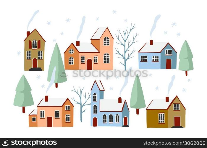 Winter holidays landscape. Vector illustration of nature, city, houses, trees in the New Year and Christmas holidays. Best for poster, background, web or card.