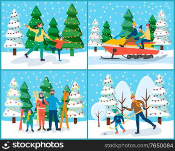 Winter holidays of families. Dad teaching kid to play ice hockey. People on jet riding through landscapes and snowy hills. Mom and father with child skiing and skating on rink flat style vector. Family on Winter Holidays Set, Skiing and Skating