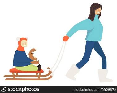 Winter holidays or weekends rest and leisure. Isolated female character with kid sitting on sled. Mom and son or daughter holding plush bunny toy in hands. Enjoying sleigh ride, vector in flat. Mother pulling sled with child holding plush bunny
