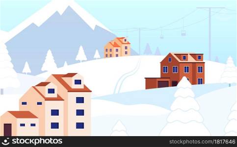 Winter holidays resort. Snow forest cottage, christmas scene with ski lift. Hotel chalet landscape, leisure in mountains vector illustration. Winter resort snow, season landscape travel. Winter holidays resort. Snow forest cottage, christmas scene with ski lift. Hotel chalet landscape, leisure in mountains vector illustration