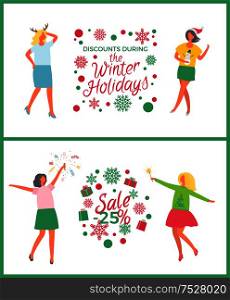 Winter holidays sale, Christmas party of people vector. Winter discounts and offerings from shops, presents and gifts on reduced price. Promo posters. Winter Holidays Sale, Christmas Party of People