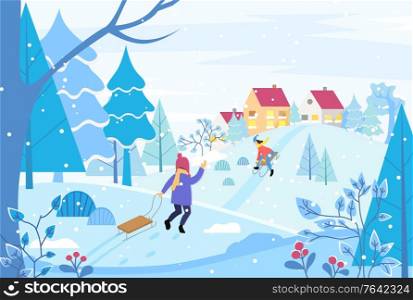 Winter holidays season, landscape with child pulling sleigh. Cityscape with buildings and homes of citizens. Countryside in cold month. Kid with sled waving to person in distance. Vector in flat. Winter Landscape Country with Child Pulling Sleigh
