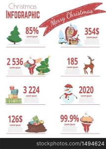 Winter Holidays Seasonal Sales, Christmas Discounts, Retail Business Financial Report Cartoon Vector Infographics Design Elements Set Isolated on White. Christmas Celebration Attributes Illustrations