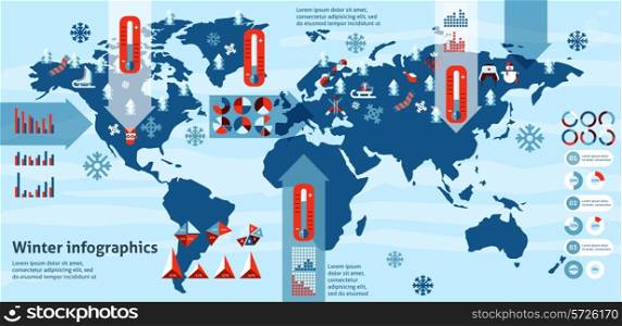 Winter holidays symbols infographics set with charts and world map vector illustration