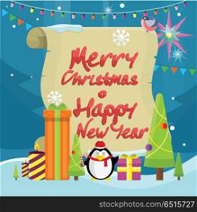Winter holidays symbols vector concept. Flat design. Christmas tree with toys, gift boxes, candles, garlands, penguin in Santa hat, bullfinch. Merry Christmas and Happy New Year text on old paper . Winter Holidays Vector Concept in Flat Design. Winter Holidays Vector Concept in Flat Design