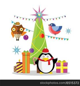 Winter holidays vector concept. Flat design. Christmas tree with toys, gift boxes, lighted candles, garlands, penguin in Santa hat, flying owl and bullfinch. Christmas and New Year celebrating. Winter Holidays Vector Concept in Flat Design. Winter Holidays Vector Concept in Flat Design