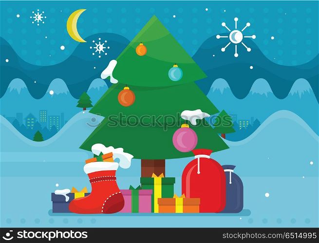 Winter Holidays Vector Concept in Flat Design. Winter holidays concept vector. Flat design. Christmas tree decorated colored toys and covered snow, gift boxes in the foreground. Christmas and New Year celebrating. For greeting cards design