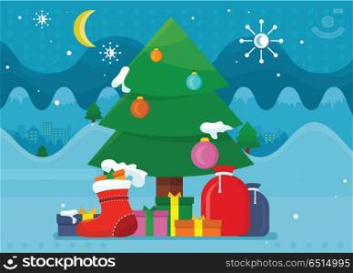 Winter Holidays Vector Concept in Flat Design. Winter holidays concept vector. Flat design. Christmas tree decorated colored toys and covered snow, gift boxes in the foreground. Christmas and New Year celebrating. For greeting cards design