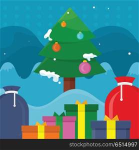 Winter Holidays Vector Concept in Flat Design. Winter holidays concept vector. Flat design. Christmas tree decorated colored toys and covered snow, gift boxes in the foreground. Christmas and New Year celebrating. For greeting cards design. Winter Holidays Vector Concept in Flat Design