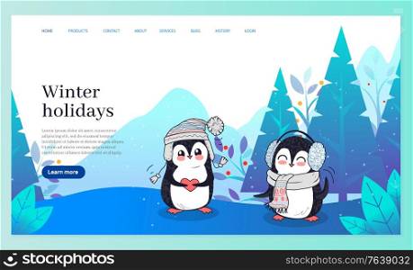 Winter holidays vector, penguins wearing warm clothes. Animal holding heart, cute bird with earmuffs and scarf. Wood with pine trees in december. Website or webpage template, landing page flat style. Winter Holidays Cute Penguins in Forest Vector