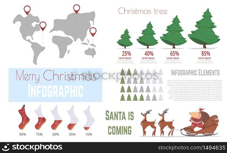 Winter Holidays Worldwide Celebration Cartoon Vector Infographics Banner Template. Statistics Diagrams, Data Graphs Elements and Christmas Tree, Stockings, Santa on Sleds with Reindeer Illustrations