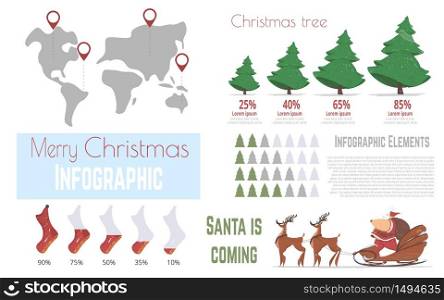 Winter Holidays Worldwide Celebration Cartoon Vector Infographics Banner Template. Statistics Diagrams, Data Graphs Elements and Christmas Tree, Stockings, Santa on Sleds with Reindeer Illustrations