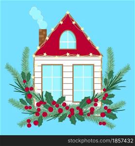 Winter house decorated with fir branches, berries and lights. Festive New Year and Christmas house with garland. Winter fairy tale, cozy cute cottage, vector flat illustration.. Winter house decorated with fir branches, berries and lights.