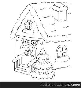 Winter house with garlands and a tree. Coloring book page for kids. Cartoon style. Vector illustration isolated on white background.