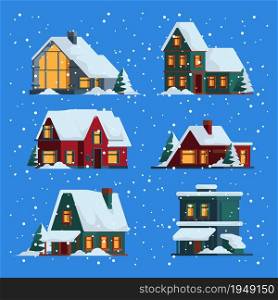 Winter houses. Christmas cute wooden buildings cottage with snow cap vector colored flat illustrations. Wooden building winter, christmas roof countryside. Winter houses. Christmas cute wooden buildings cottage with snow cap vector colored flat illustrations