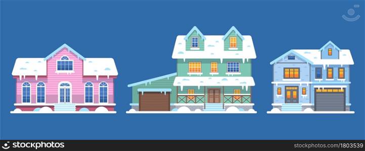 Winter houses. Cottages and townhomes pastel pink blue colors in snow, front view snowy buildings, christmas hotel. Xmas holidays celebration place. Real estate collection. Vector flat isolated set. Winter houses. Cottages and townhomes pastel pink blue colors in snow, front view snowy buildings, christmas hotel. Xmas holidays celebration place. Real estate vector flat isolated set