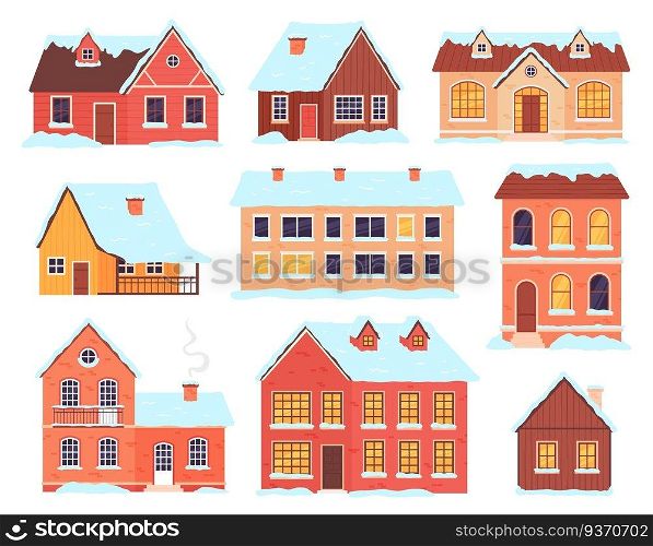 Winter houses. Village, town and rural cottages with snow caps and drifts. Christmas wooden cabin with chimney. Buildings facade vector set. Collection buildings in snow, winter house illustration. Winter houses. Village, town and rural cottages with snow caps and drifts. Christmas wooden cabin with chimney. Buildings facade vector set