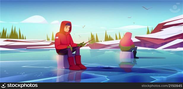 Winter ice fishing with men holding rods, wear warm clothes, sitting on boxes catching fish on frozen pond surface with holes. Male characters wintertime hobby, recreation, Cartoon vector illustration. Winter ice fishing with men holding rods on pond