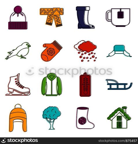 Winter icons set. Doodle illustration of vector icons isolated on white background for any web design. Winter icons doodle set