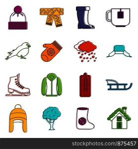 Winter icons set. Doodle illustration of vector icons isolated on white background for any web design. Winter icons doodle set