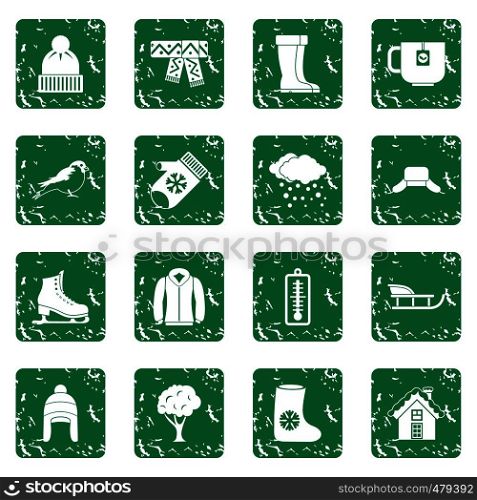 Winter icons set in grunge style green isolated vector illustration. Winter icons set grunge