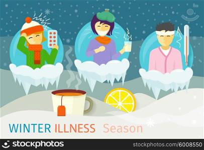 Winter illness season people design. Cold and sick, virus and health, flu infection, fever disease, sickness and temperature, unwell and scarf illustration