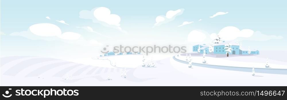 Winter in Tuscany flat color vector illustration. Agricultural fields and houses covered with snow 2D cartoon landscape. Snowy view of European rural area. Countryside scenery. Winter in Tuscany flat color vector illustration