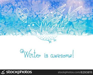 Winter is awesome. Watercolor winter background with birds. Vector illustration.
