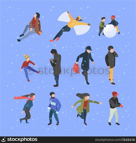 Winter isometric people. Male and female characters in clothes in winter season garish vector illustrations. Female and male activity winter season. Winter isometric people. Male and female characters in clothes in winter season garish vector illustrations