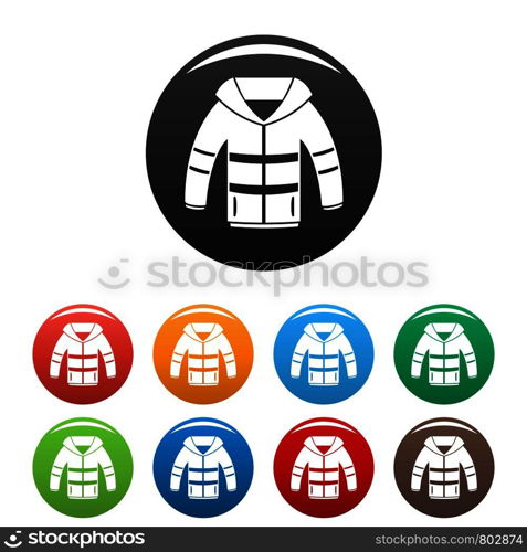 Winter jacket icons set 9 color vector isolated on white for any design. Winter jacket icons set color