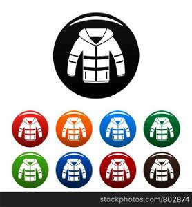Winter jacket icons set 9 color vector isolated on white for any design. Winter jacket icons set color