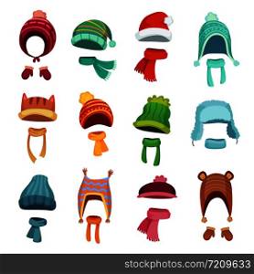 Winter kids hat. Warm childrens hats and scarves. Headwear and autumn scarf accessories for boys and girls, knit cap outfit for mobile application, cartoon vector isolated icons set. Winter kids hat. Warm childrens hats and scarves. Headwear and accessories for boys and girls cartoon vector set