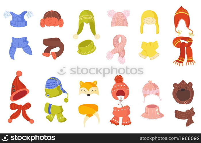 Winter kids hats. Funny children winter kits, cartoon flat style, knitted scarves, caps with pompoms and animal ears, cute headgears, woolen warm clothes, christmas accessories vector isolated set. Winter kids hats. Funny children winter kits, cartoon style, knitted scarves, caps with pompoms and animal ears, cute headgears, woolen warm clothes, christmas accessories vector set