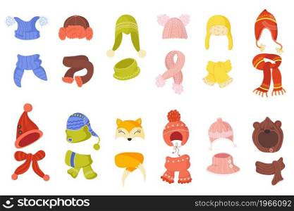 Winter kids hats. Funny children winter kits, cartoon flat style, knitted scarves, caps with pompoms and animal ears, cute headgears, woolen warm clothes, christmas accessories vector isolated set. Winter kids hats. Funny children winter kits, cartoon style, knitted scarves, caps with pompoms and animal ears, cute headgears, woolen warm clothes, christmas accessories vector set