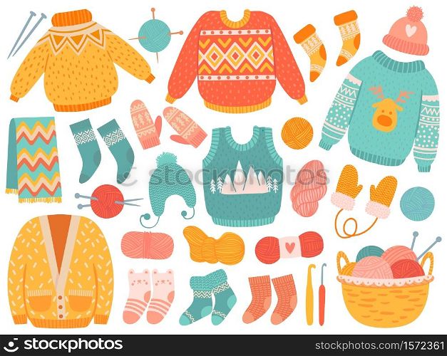 Winter knit clothes. Handmade wool clothing and knitting tools, sweaters, socks, hats and mitten, scarf, needles and yarn vector set. Fashion wool accessories, supplies as crochet hook. Winter knit clothes. Handmade wool clothing and knitting tools, sweaters, socks, hats and mitten, scarf, needles and yarn vector set
