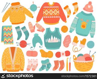 Winter knit clothes. Handmade wool clothing and knitting tools, sweaters, socks, hats and mitten, scarf, needles and yarn vector set. Fashion wool accessories, supplies as crochet hook. Winter knit clothes. Handmade wool clothing and knitting tools, sweaters, socks, hats and mitten, scarf, needles and yarn vector set