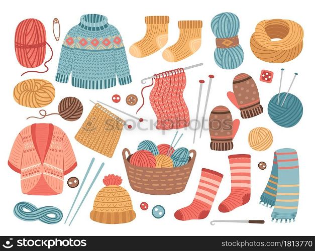 Winter knit clothes. Knitting hobby, wool cloth cardigan sweater. Cute knitted scarf, isolated warm crochet hat jacket vector illustration. Winter hat and clothes, scarf warm, clothing seasonal. Winter knit clothes. Knitting hobby, wool cloth cardigan sweater. Cute knitted scarf, isolated warm crochet hat jacket vector illustration
