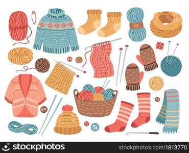 Winter knit clothes. Knitting hobby, wool cloth cardigan sweater. Cute knitted scarf, isolated warm crochet hat jacket vector illustration. Winter hat and clothes, scarf warm, clothing seasonal. Winter knit clothes. Knitting hobby, wool cloth cardigan sweater. Cute knitted scarf, isolated warm crochet hat jacket vector illustration