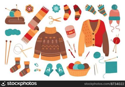 Winter knit clothes. Knitting socks, woolen cloth isolated set. Color sock mittens sweater, cute warm jumper. Wool jacket and crochet classy vector elements of woolen winter clothes collection. Winter knit clothes. Knitting socks, woolen cloth isolated set. Color sock mittens sweater, cute warm jumper. Wool jacket and crochet classy vector elements