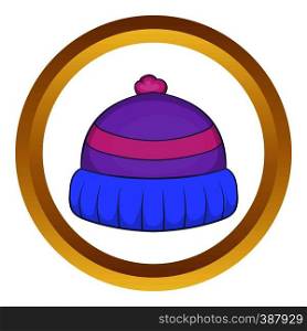 Winter knitted hat with pompon vector icon in golden circle, cartoon style isolated on white background. Winter knitted hat with pompon vector icon