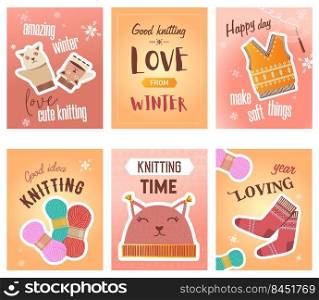 Winter knitting flyers set. Crochet, thread and yarns, knitted cloth, cute mittens and socks vector illustrations with text. Handmade hobby concept for craft shop posters and brochures design