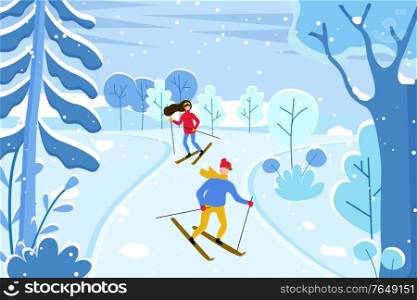 Winter landscape and people leading active lifestyle. Sportive people skiing outdoors in cold season. Man and woman extreme hobby practicing ,. Race of male and female in forest. Vector in flat. Skiing Couple at Ski Resort, Skiers in Winter