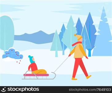 Winter landscape and people walking outdoors. Woman with child sitting on sleds. Mom and kid on vacation strolling in forest passing pine trees and mountains in distance. Vector in flat style. Mother Pulling Child Sitting on Sleds in Winter