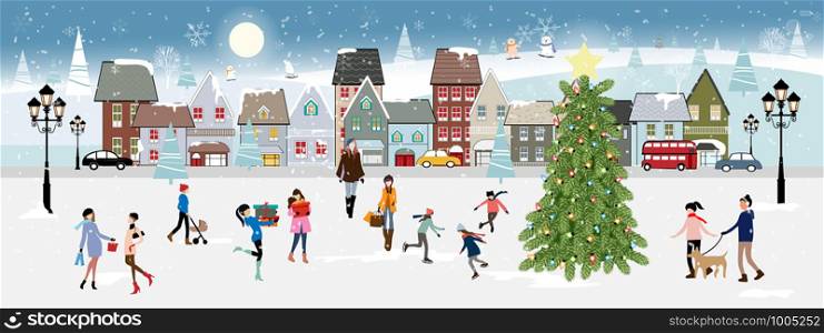 Winter landscape at night with people having fun in the park,Vector illustration. City landscape on Christmas holidays with people celebration, kid playing ice skates, women shopping in the town