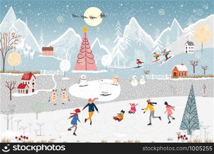 Winter landscape at night with people having fun in the park,Vector illustration. City landscape on Christmas holidays with people celebration, kid playing ice skates, women shopping in the town