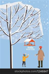 Winter landscape, bird feeder with feed, birds, dad with son stand near a tree covered with snow. Winter landscape, bird feeder with feed, birds, dad with son stand near a tree covered with snow, vector, illustration, isolated, banner, poster, card, cover for books, magazines, publications
