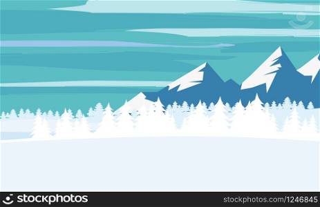 Winter landscape, cartoon minimal style. Horizon, panorama, snow-covered trees, village mountains ate pine. Winter landscape, cartoon minimal style. Horizon, panorama, snow-covered trees, village, mountains, ate, pine. Vector, illustration, isolated, template, poster, banner
